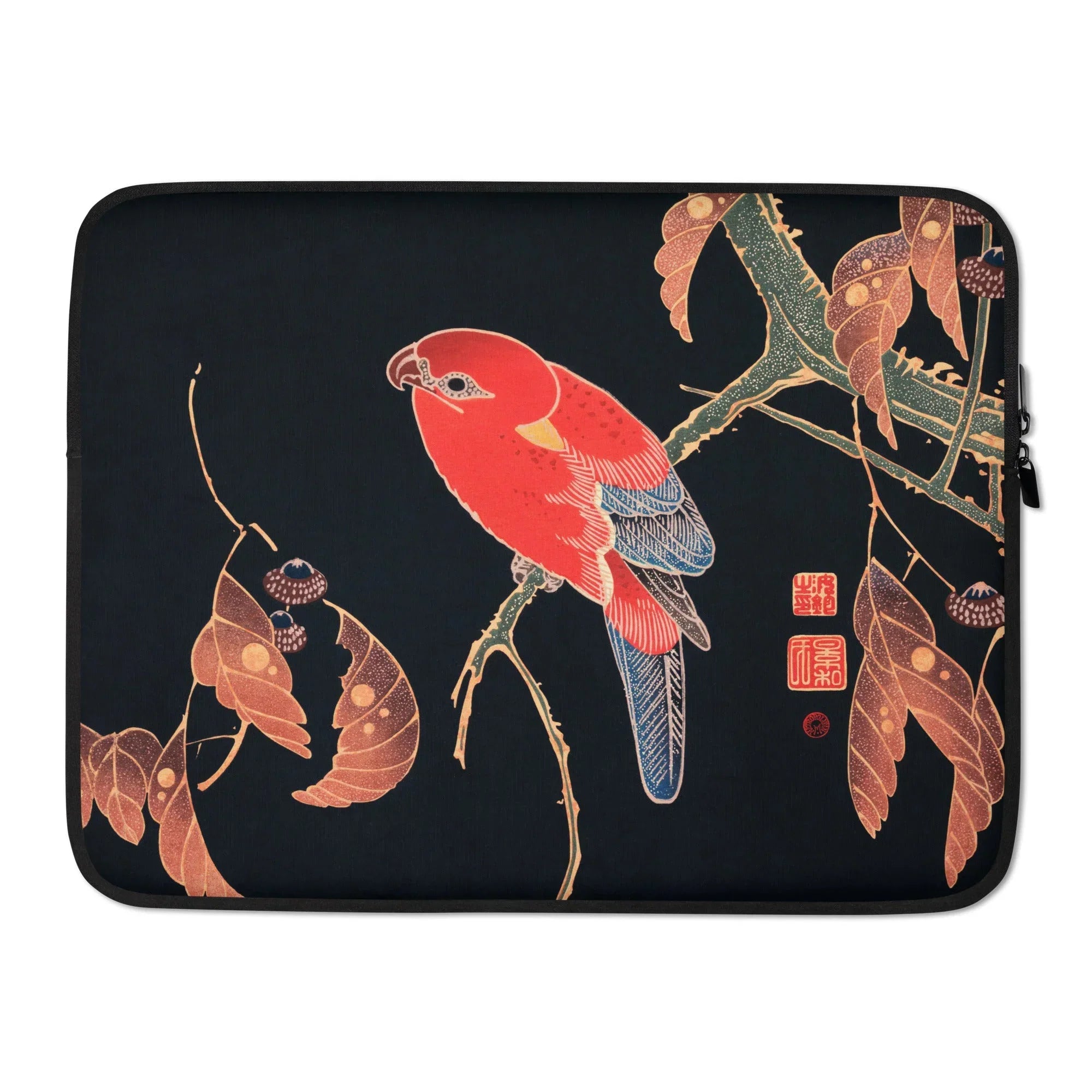Red Parrot on Branch of a Tree - Ito Jakuchu Laptop Sleeve, Laptop Sleeve Colorful Illustration Red Parrot Perched Branch