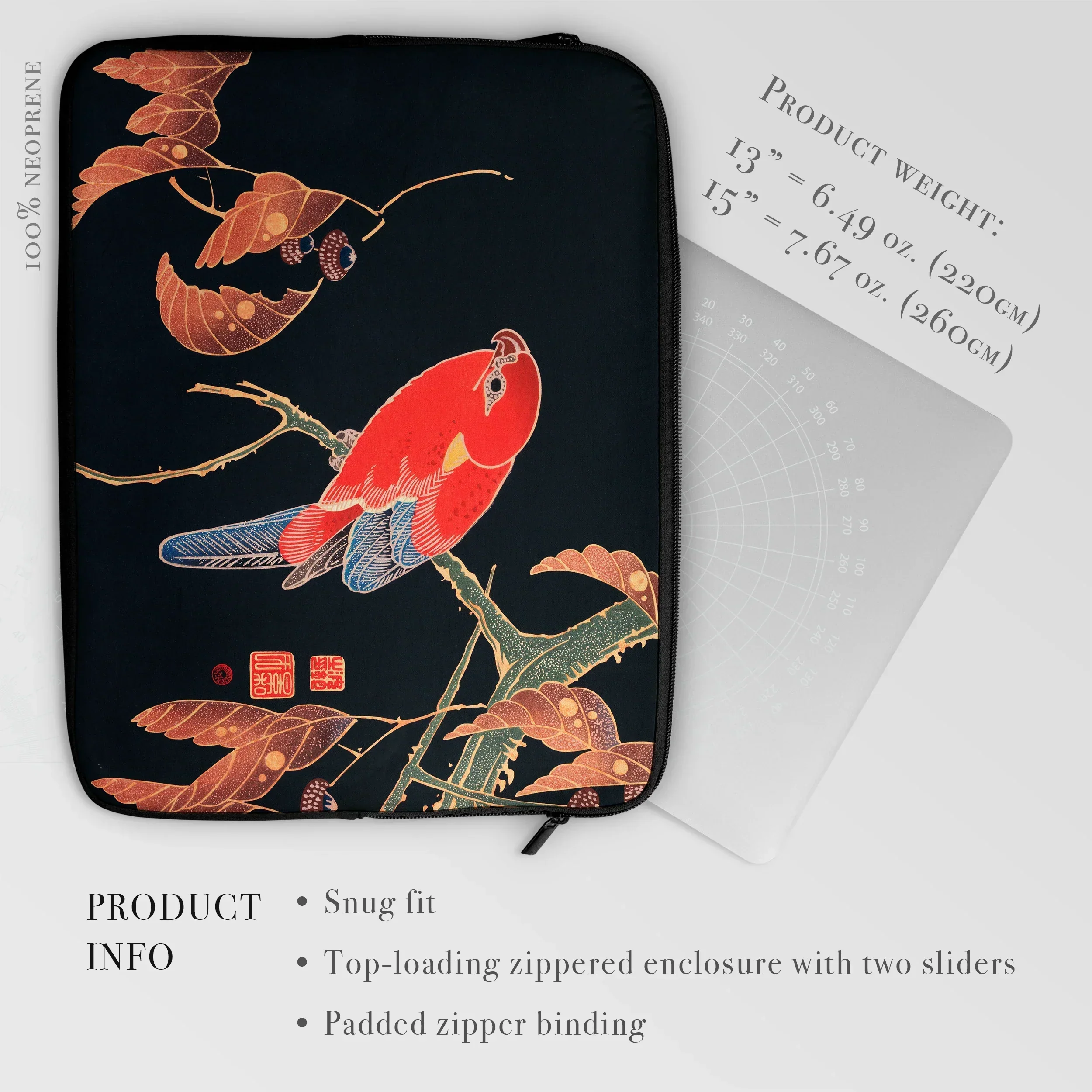 Red Parrot on Branch of a Tree - Ito Jakuchu Laptop Sleeve, Zippered Tablet Sleeve Colorful Bird Autumn Leaves Design