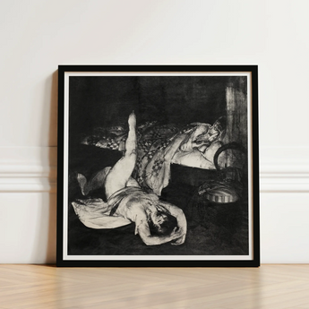 Reducing Exercises - George Bellows Art Print / Canvas Black-framed Artwork Monochromatic Sketch Two Figures Intimate Pose, Tips, Tenement