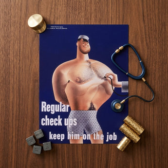 Regular Check-ups Keep Him on the Job Art Print / Canvas Blue Poster Cartoon Man Stethoscope Polka-dot Underwear Cap Check Ups, Herbert