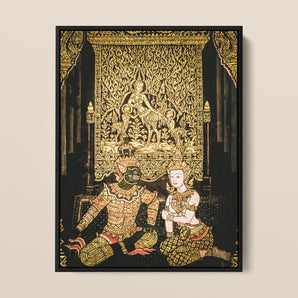 Rendezvous - Thai Temple Fresco Art Framed Canvas, Ornate Thai-style Painting Tapestry Figures Traditional Costume Intricate
