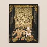 Rendezvous - Thai Temple Fresco Art Framed Canvas, Ornate Thai-style Painting Tapestry Figures Traditional Costume Intricate
