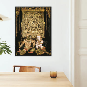 Rendezvous - Thai Temple Fresco Art Framed Canvas, Traditional Thai Artwork Dancers Ornate Costumes Decorative Golden
