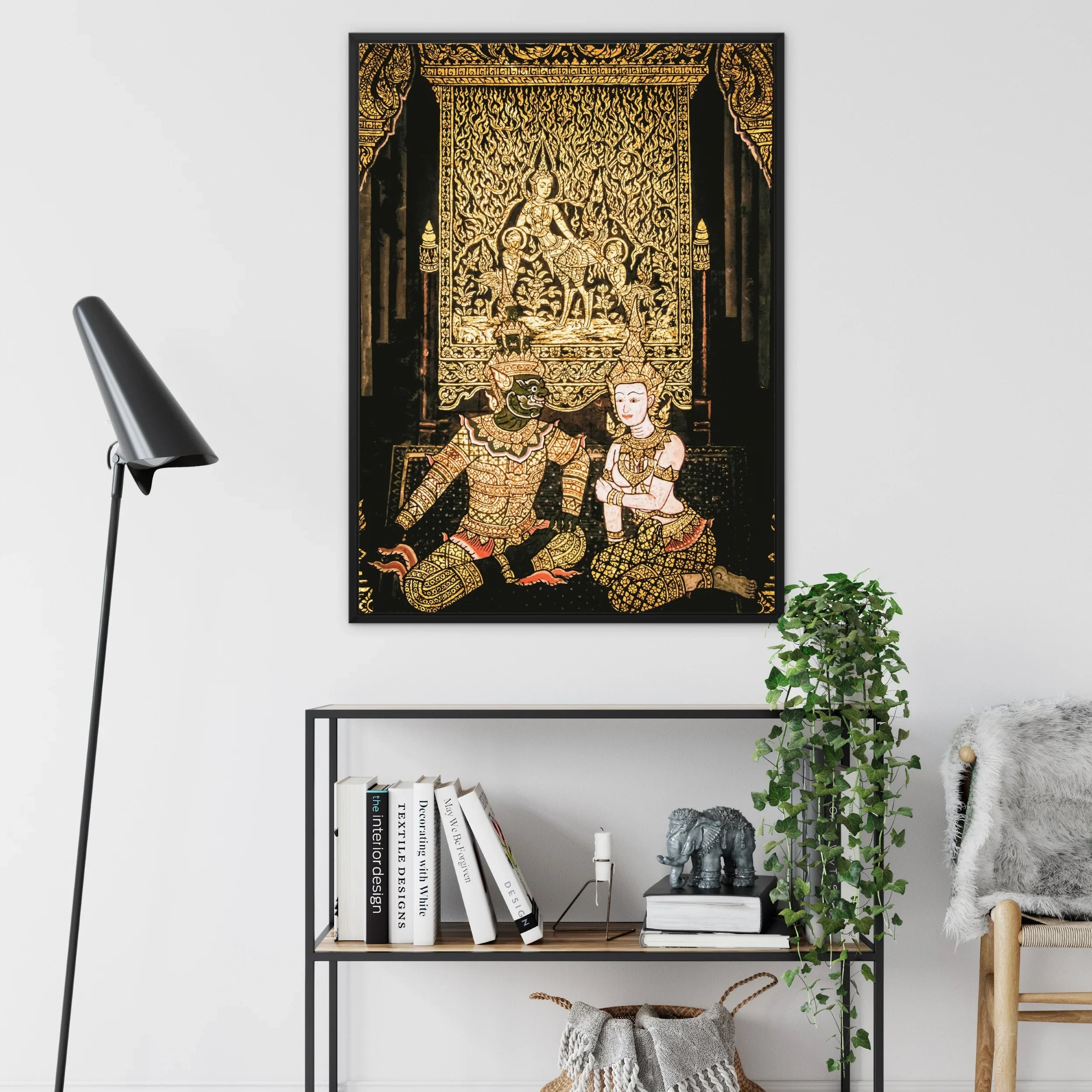 Rendezvous - Thai Temple Fresco Art Framed Canvas, Traditional Thai Artwork Dancers Ornate Costumes Decorative Gold