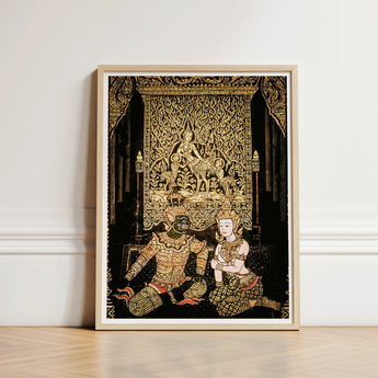 Framed Thai Traditional Art Print Intricate Gold Black Spellbinding Temple, Mythology