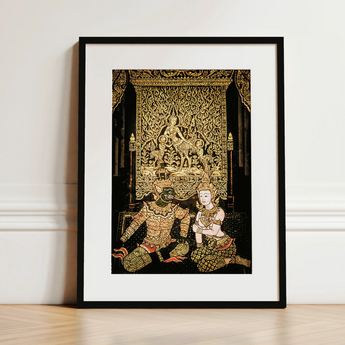 Rendezvous - Traditional Thai Temple Art Print / Canvas Black-framed Artwork Intricate Gold-leaf Thai Traditional Figures Dark Spellbinding