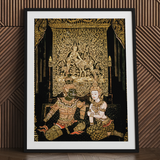 Rendezvous - Traditional Thai Temple Art Print / Canvas Black-framed Artwork Intricate Gold-leaf Thai Traditional Figures Dark Spellbinding