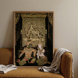 Rendezvous - Traditional Thai Temple Art Print / Canvas Framed Thai Traditional Art Print Intricate Gold Black Spellbinding Temple Art,