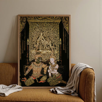 Rendezvous - Traditional Thai Temple Art Print / Canvas Framed Thai Traditional Art Print Intricate Gold Black Spellbinding Temple Art,