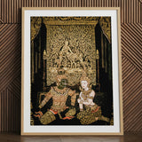 Rendezvous - Traditional Thai Temple Art Print / Canvas Framed Thai Traditional Art Print Intricate Gold Dark Spellbinding Temple Art,