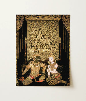 Golden Ornate Thai Mural Deity Two Figures Traditional Spellbinding Temple Art, Mythology