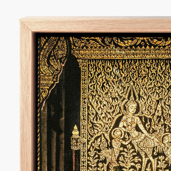 Framed Piece Intricate Gold-leaf Artwork Black Background Traditional Spellbinding Temple Art, Thai Mythology