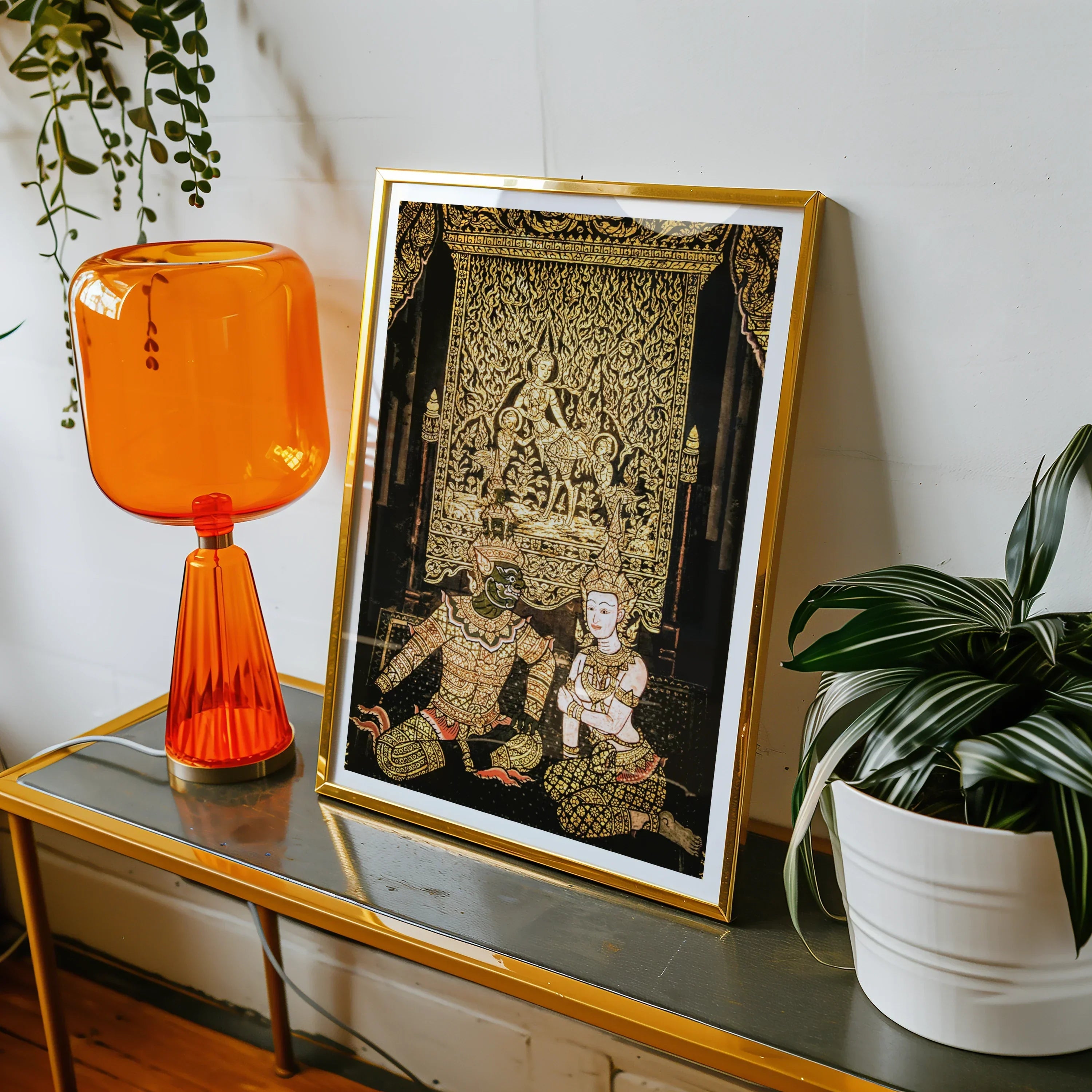 Rendezvous Traditional Thai Temple Art Print, Framed Artwork Intricate Thai Style Figures Patterns