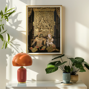 Rendezvous - Traditional Thai Temple Art Print, Framed Ornate Gold Relief Artwork Figures Elaborate Scene