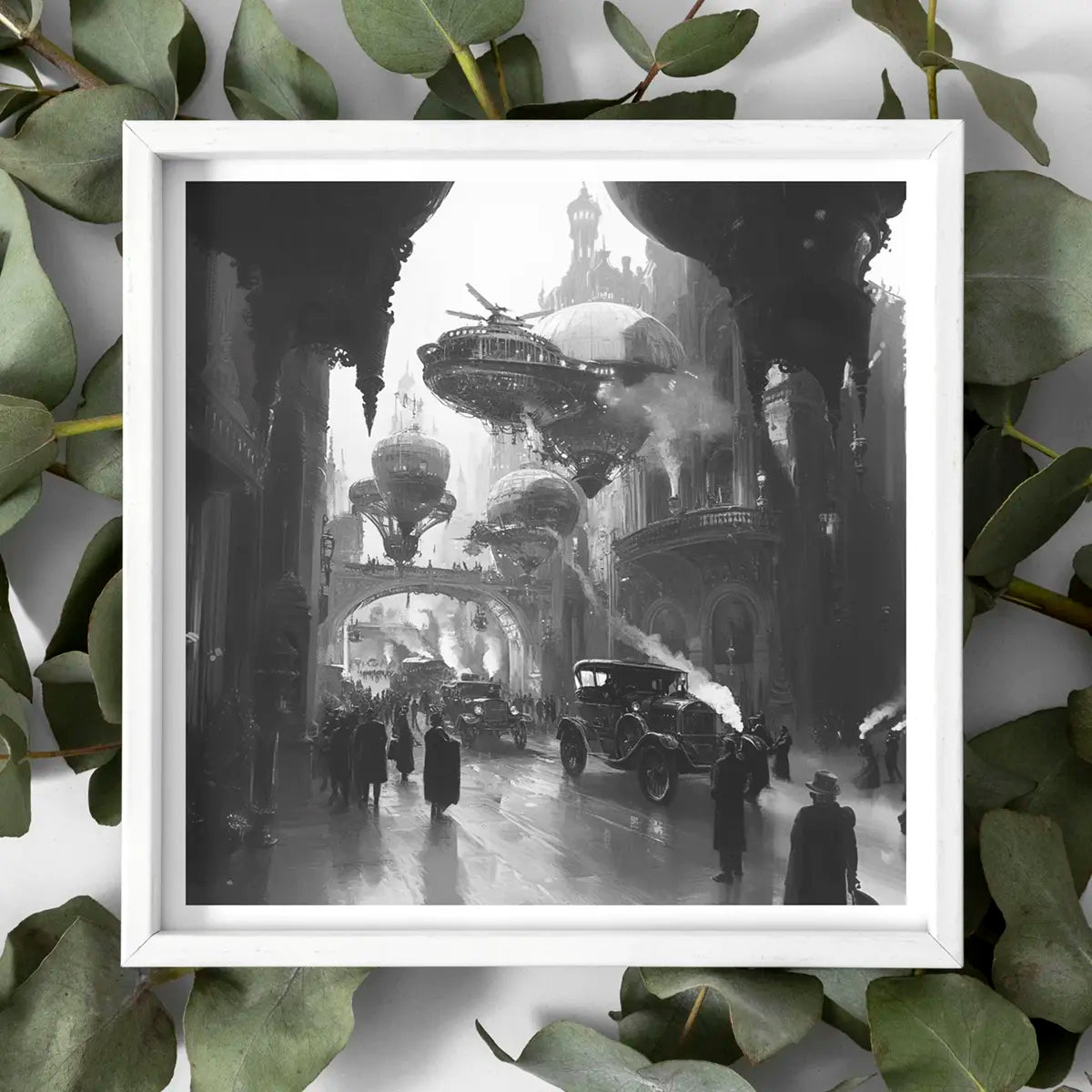 Steampunk city scene in a white frame, showcasing retro futurism art by Gino Severini.