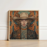 Framed Portrait Man Curly Hair Beige Cowboy Hat Dandy Gay, Redhead, Spirit’s Queer