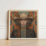 Framed Portrait Man Beige Cowboy Hat Ornate Patterned Dandy Gay, Redhead, Spirit’s Queer