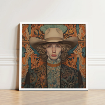 Framed Portrait Person Curly Hair Beige Cowboy Hat Dandy Gay, Redhead, Spirit’s Queer