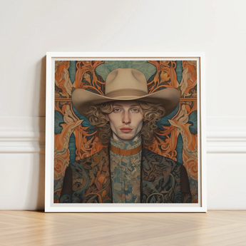 Framed Portrait Person Beige Cowboy Hat Ornate Patterned Dandy Gay, Redhead, Spirit’s Queer