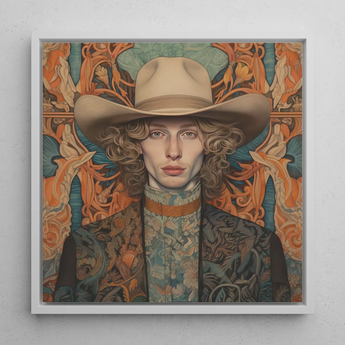 Reuben - Gay Redhead Cowboy Art Print / Canvas 12x12’’ / 31x31cm / White Frame Framed Portrait Person Beige Cowboy Hat Ornate Patterned