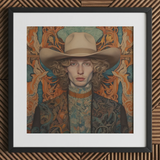 Reuben - Gay Redhead Cowboy Art Print / Canvas 12x12’’ / 31x31cm / Black Frame / Matboard Cowboy Hat Intricate Paisley Pattern Brown