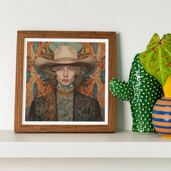Reuben - Gay Redhead Cowboy Art Print / Canvas Square-framed Portrait Person Beige Cowboy Hat Set Ornate Dandy Gay Cowboy, Redhead Spirit’s