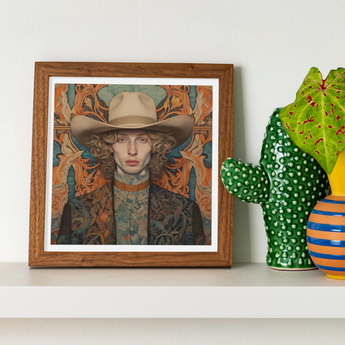 Reuben - Gay Redhead Cowboy Art Print, Framed Artwork Figure Cowboy Hat Ornate Orange Background