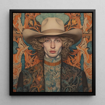 Reuben - Redhead Gay Cowboy Framed Canvas, 12x12’’ / 31x31cm / Black Floating Frame, Portrait Person Cowboy Hat Ornate Patterned Jacket