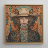 Reuben - Redhead Gay Cowboy Framed Canvas, 12x12’’ / 31x31cm / Natural Floating Frame, Framed Portrait Painting Person Cowboy Hat Patterned