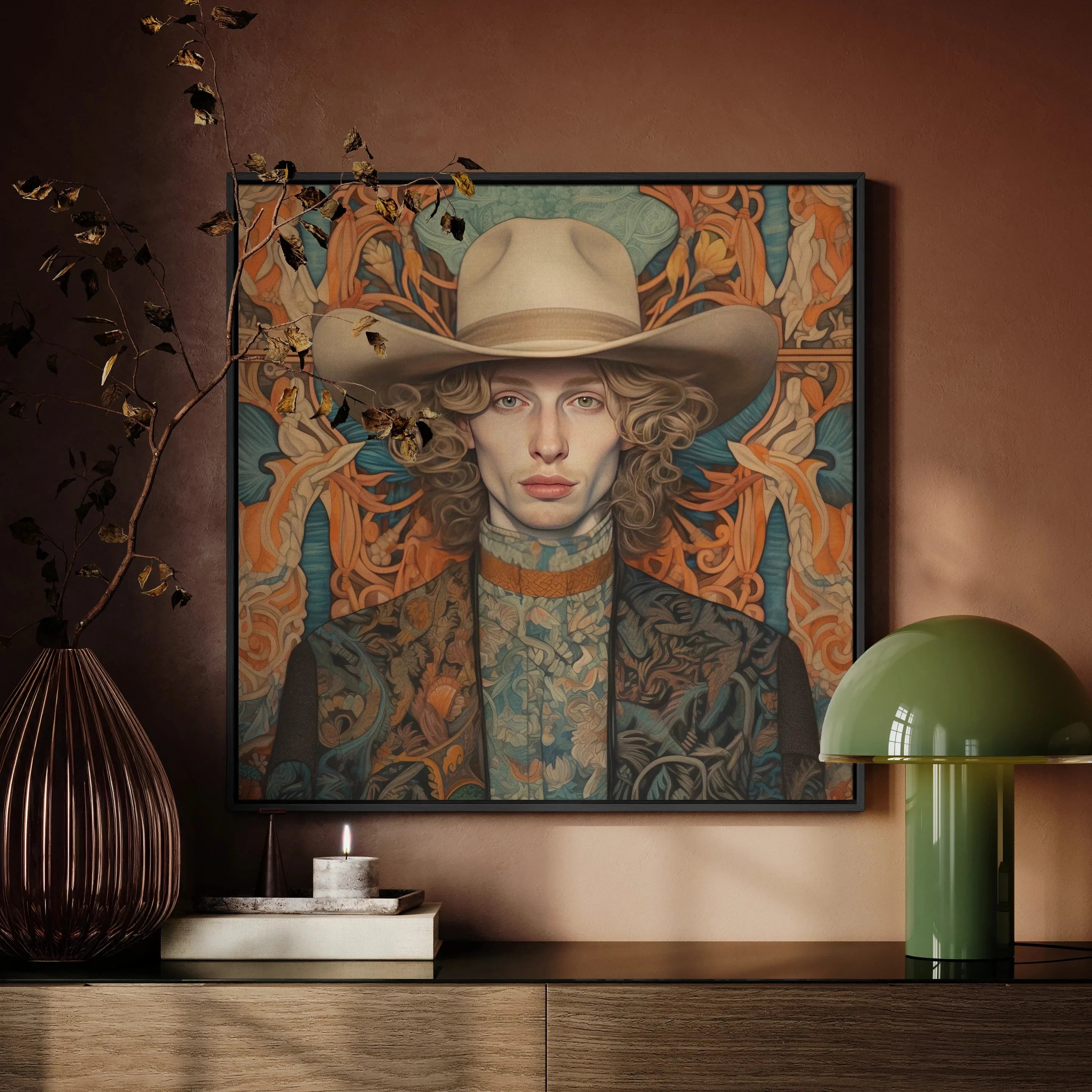 Reuben Redhead Gay Cowboy Framed Canvas, Framed Portrait Painting Person Wide Brimmed Hat Ornate Background
