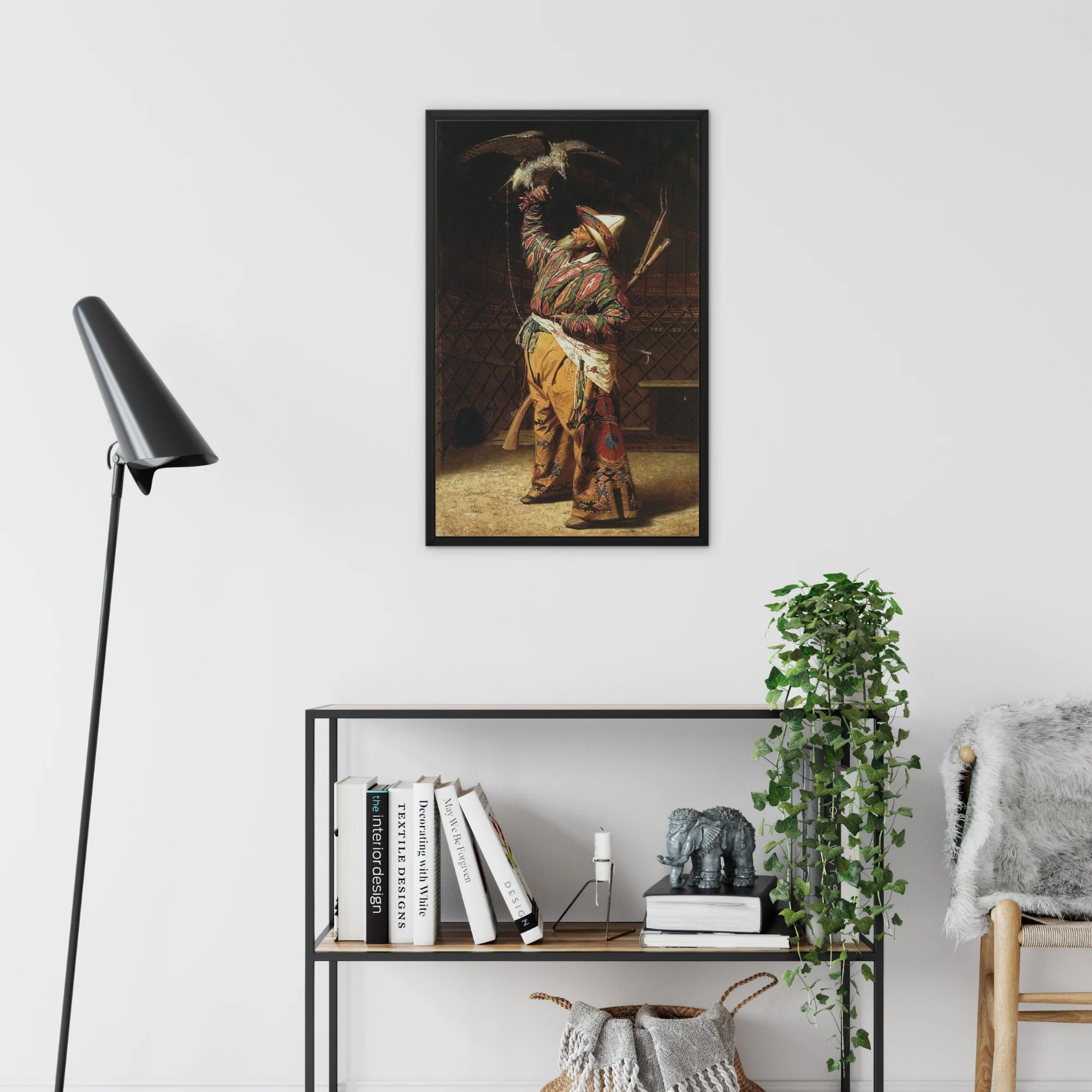 Rich Kyrgyz Hunter with a Falcon Vasily Vereshchagin Framed Canvas, Framed Artwork Native American Warrior Traditional Dress Headdress