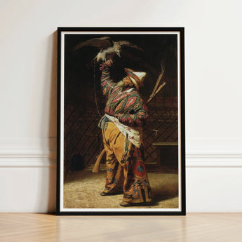 Rich Kyrgyz Hunter with a Falcon - Vasily Vereshchagin Art Print / Canvas Black-framed Man Traditional Attire Eagle, Central Asian