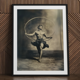 Gay neoclassical art print of a ringleader with hoop, framed.
