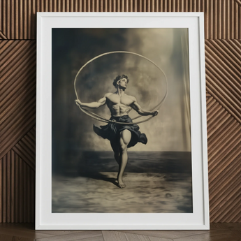 Gay neoclassical art print of ringleader with hoop, framed.