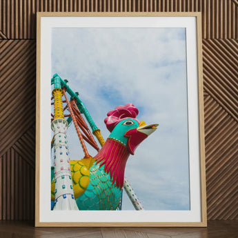 Rise and Shine - Amusement Park Fun Fair Ride Art Print / Canvas Vibrant Framed Print Colorful Stylized Rooster Turquoise Pink Fun Fair