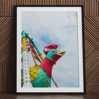 Rise and Shine - Amusement Park Fun Fair Ride Art Print / Canvas Vibrant Framed Photograph Colorful Stylized Rooster Turquoise Pink Fun