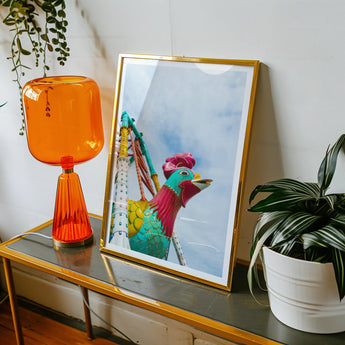 Rise and Shine - Amusement Park Fun Fair Ride Art Print, Colorful Bird Puppet Toy Gold-framed Picture