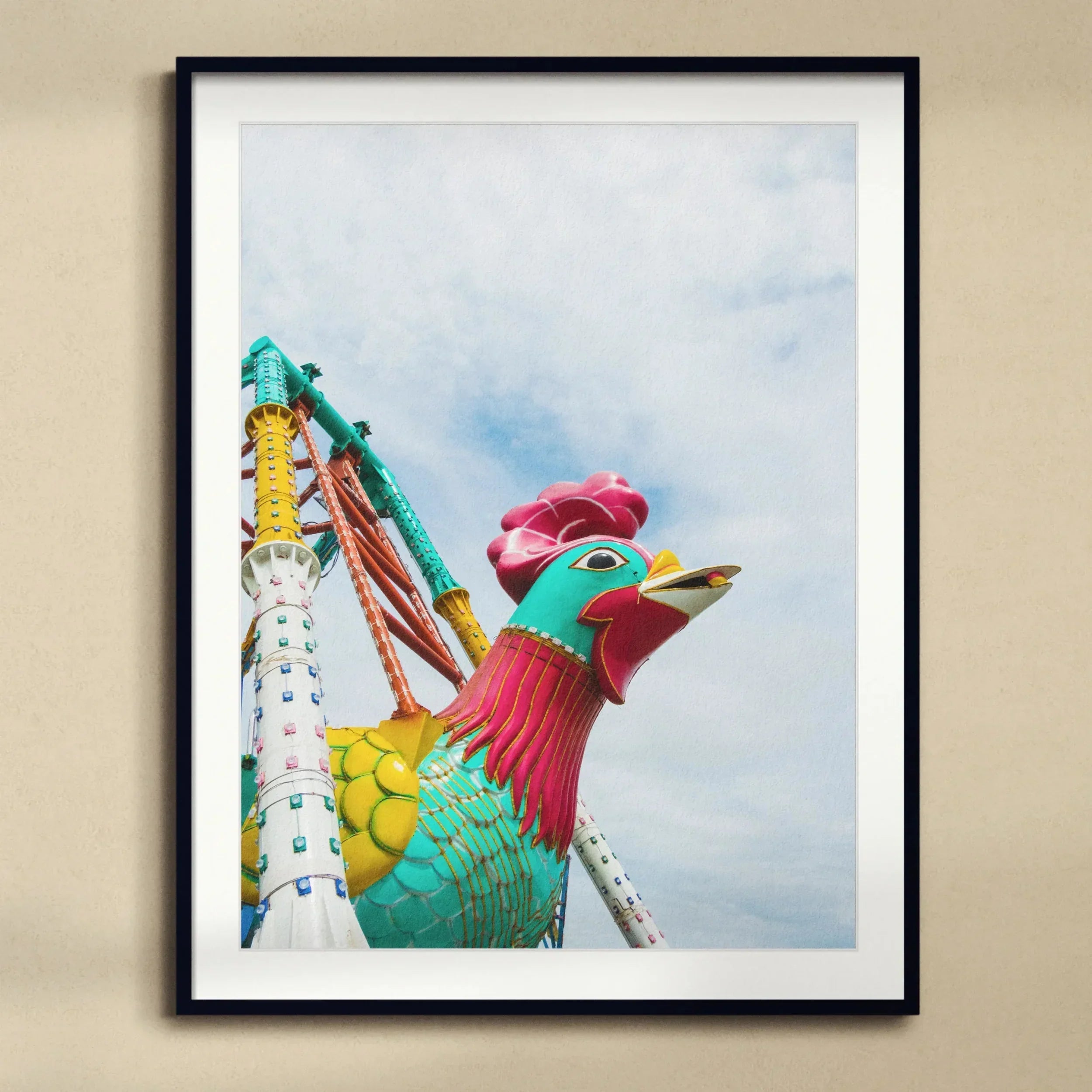 Rise and Shine Amusement Park Fun Fair Ride Art Print, Colorful Rooster Sculpture Turquoise Pink Feathers