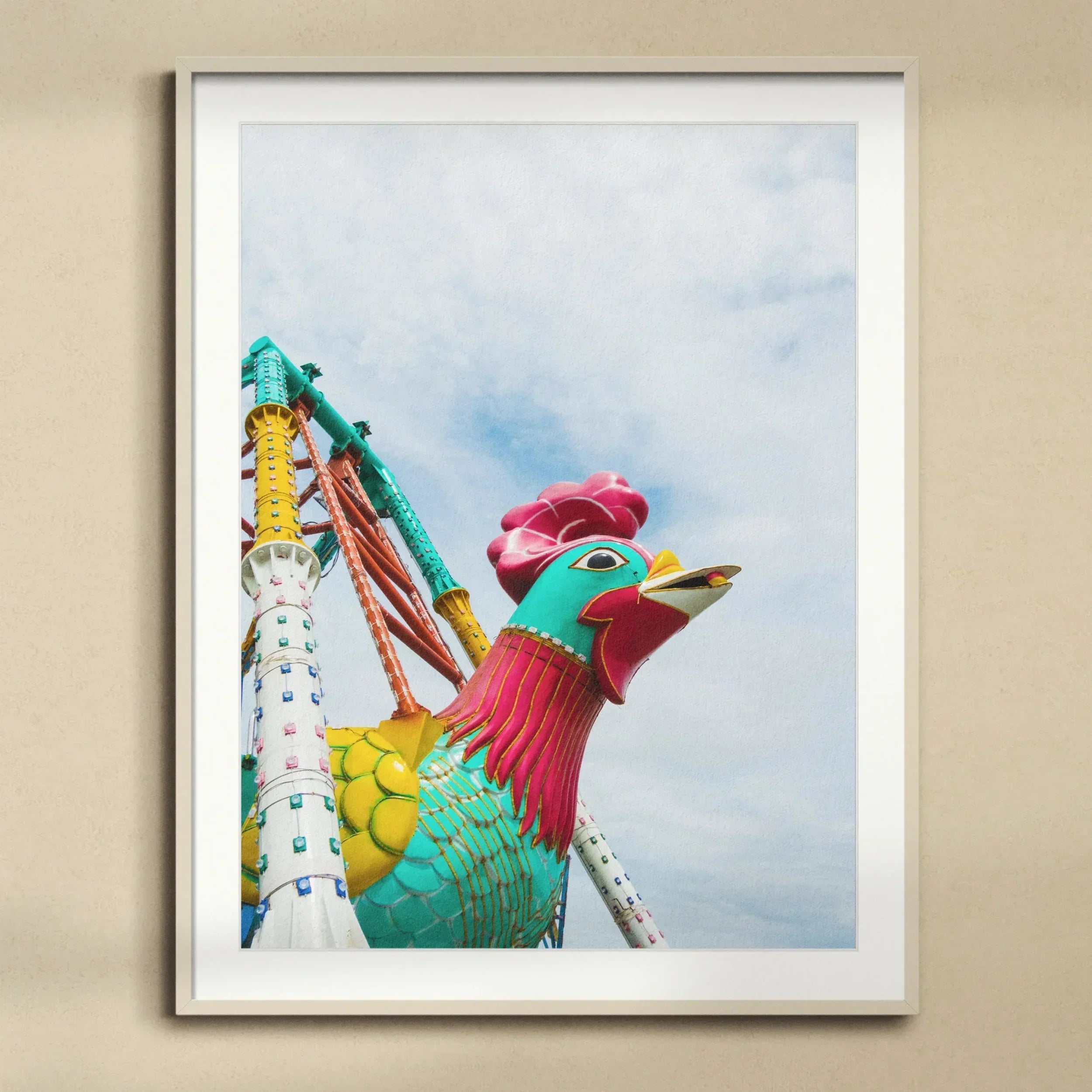 Rise and Shine Amusement Park Fun Fair Ride Art Print, Colorful Rooster Sculpture Turquoise Pink Feathers