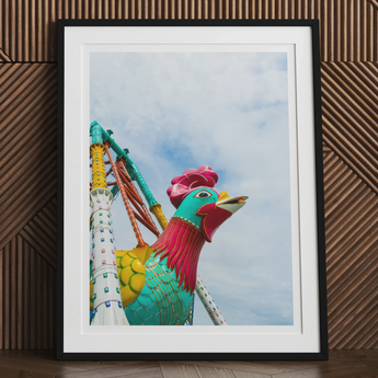 Rise and Shine - Amusement Park Fun Fair Ride Art Print, Colorful Rooster-shaped Carnival Ride Decoration Vibrant Feathers Red