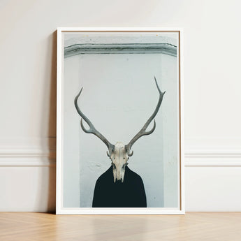 Minimalist Framed Art Print Stark White Deer Skull Figure Stands