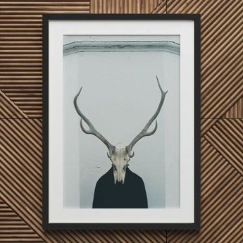 Ritual - Creepy Deer Skull Art Print / Canvas Framed Artwork Person Deer Skull Antlers Figure Stands