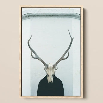 Ritual - Creepy Deer Skull Art Print / Canvas Minimalist Framed Art Print Stark White Deer Skull Figure Stands