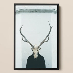 Ritual Framed Canvas, 12x18’’ / 31x46cm / Black Floating Frame, Framed Print Person Deer Skull Antlers