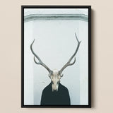 Ritual Framed Canvas, 12x18’’ / 31x46cm / Black Floating Frame, Framed Print Person Deer Skull Antlers
