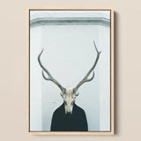 Ritual Framed Canvas, 12x18’’ / 31x46cm / Natural Floating Frame, Framed Artwork Deer Skull Antlers Dark-clothed Figure
