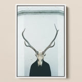 Ritual Framed Canvas, 12x18’’ / 31x46cm / White Floating Frame, Framed Artwork Deer Skull Antlers Dark-robed Figure