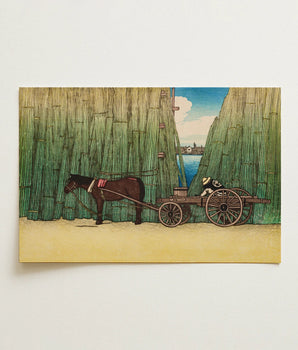 Rectangular Illustrated Postcard Brown Horse Wooden Cart Tall Komagata’s Living Walls, Sleeping Driver’s Straw, Hat, Casts, Kawase Hasui