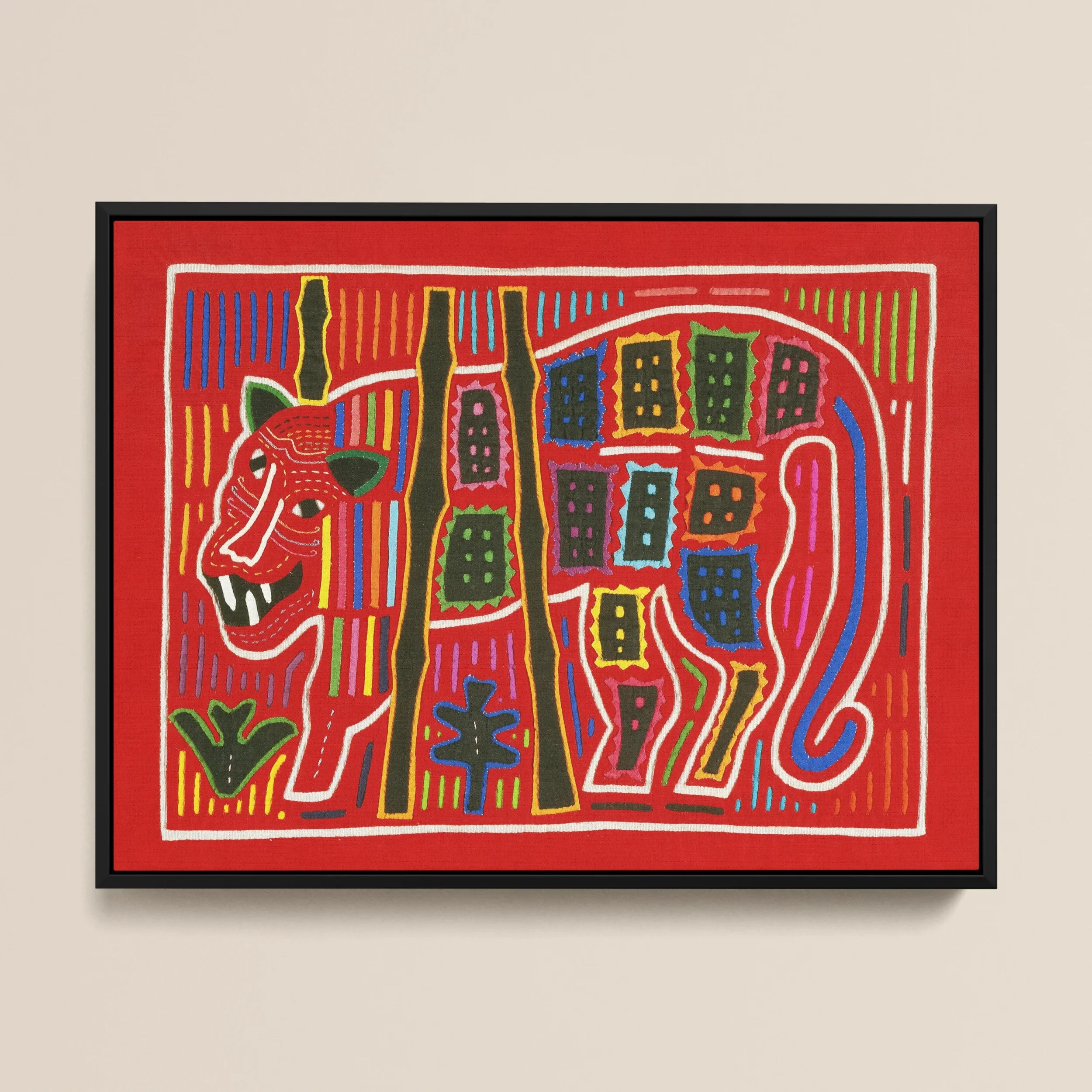 Roaring Tiger Appliqué - Mola Embroidery Art Framed Canvas, Stylized Colorful Depiction Horse-like Creature Geometric