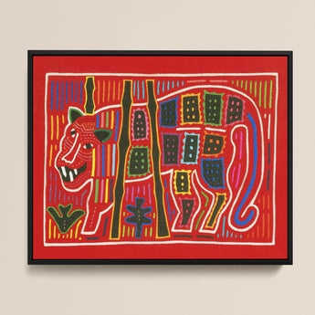 Vibrant Red Embroidered Tapestry Stylized Tiger Green Ears Mola Embroidery Art, Framed, Design